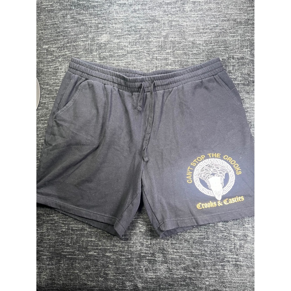 Crooks & Castles Sweat Shorts Mens XL Black Medusa Graphic Fleece Streetwear